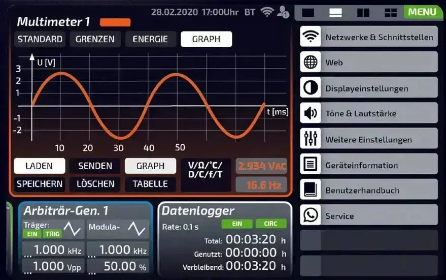 Bildschirm eines Multimeters mit Messwerten und Grafiken zum Doppelnetzteil 0-32V 2A kaufen von erfi